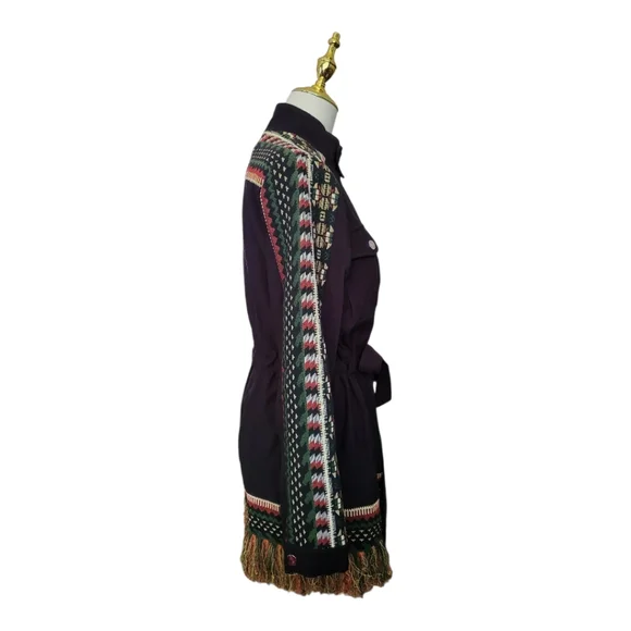Drôle de Copine Paris Black Belted Military Jacket Coat L Embroidered Trim Fring - Picture 3 of 9
